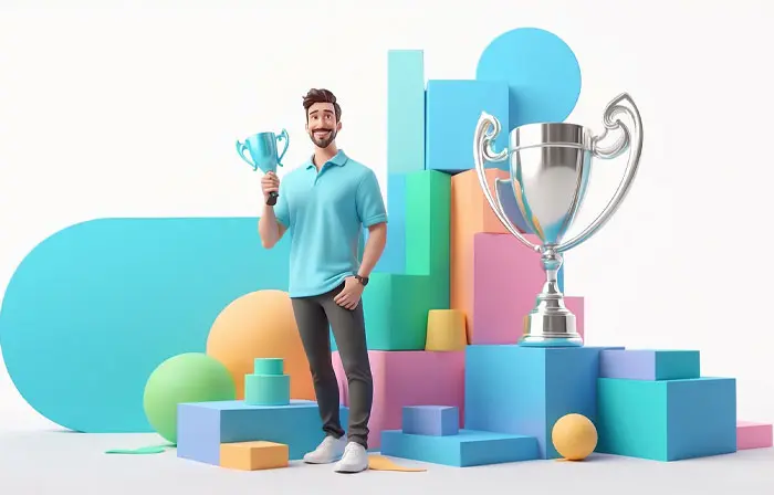 Man Standing with Trophy 3D Character Modeling Illustration